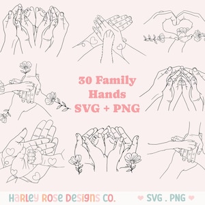 Family Holding Hands SVG Bundle, Parent Child Cut File, Heart Hands SVG files for Cricut, Tattoo Design png,  Mom Dad Kids Hand Line Drawing