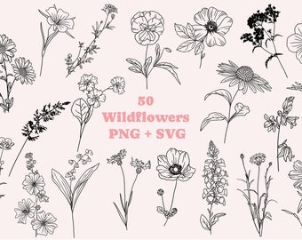May include: A set of 50 black and white line drawings of wildflowers. The drawings are simple and elegant, and they would be perfect for use in a variety of projects, such as scrapbooking, card making, or digital design. The text "50 Wildflowers PNG + SVG" is included in the image.