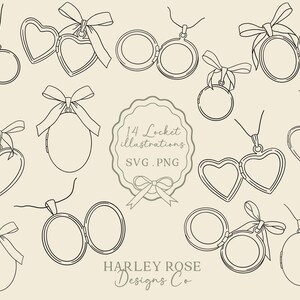 May include: A set of 14 locket illustrations in a line art style. The lockets are in various shapes, including hearts and ovals, and are decorated with bows. The image also includes the text "14 Locket illustrations SVG.PNG" and "HARLEY ROSE Designs Co."