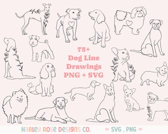Hundlinjeteckning SVG-paket, söt hund SVG, blommig hund SVG-filer för Cricut, hundar png, hundklippfil, kärlekshjärta hunddesign, valp clipart