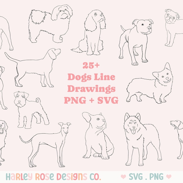 Dog Line Drawing SVG Bundle, Cute Dog SVGs, Dog Breeds SVG files for Cricut, Dogs png, Dog Cut File, Puppy Svg, Dog Clipart, Pet Svg