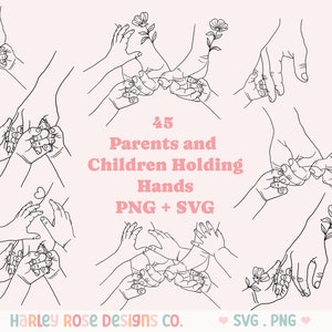 Paquete SVG de padre e hijo tomados de la mano, SVG para niños, PNG para el día del padre, archivo de corte SVG para el día de la madre, tatuaje floral para mamá y papá
