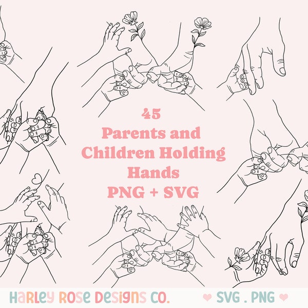 Family Parent and Child Holding Hands SVG Bundle, Children SVG, Fathers Day PNG, Mothers Day svg Cut File, Floral Tattoo Mom Dad