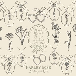May include: Line art illustrations of birth month flower lockets, each with a different flower and month name. The image also includes loose flower drawings and the text "Birth Month Flower Lockets" and "Harley Rose Designs Co."