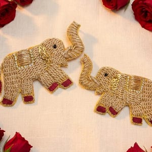 One Pair of Handcrafted Golden Elephant Applique Patches with Zari & Sequin Work, Decorative Patches for Dress, Home Decor, DIY Accessories