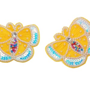 Decorative Yellow Butterfly Patch, Beaded and Sequin Applique, Pearl Embellishment for Clothing & DIY Crafts, size approximately 7.3x5.4 cm