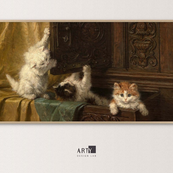 Samsung Frame TV Art | Misbehaving Kittens, Playing Cute Cat Pets, Animal Portrait, Vintage Oil Painting | 4K TV, Screen Background Art