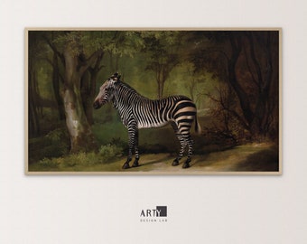 Samsung Frame TV Art | African Safari Zebra Horse in Jungle, Animal Wildlife Landscape Vintage Oil Painting | 4K TV, Screen Background Art