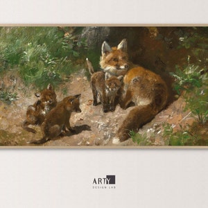 Samsung Frame TV Art | A Vixen with Whelps in a forest, Foxes, Vintage Painting | 4K TV, Screen Background Art