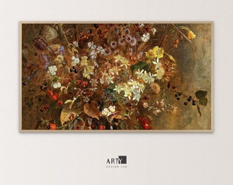May include: A rectangular framed wall art print featuring a detailed oil painting of a dense floral arrangement with white, yellow, and purple wildflowers, dark berries, and autumn leaves against a dark, textured brown background.