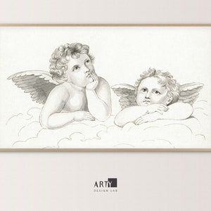 Puede incluir: Una impresión en blanco y negro enmarcada con dos figuras de querubines alados, posadas sobre nubes. Un querubín apoya la barbilla en la mano, el otro mira hacia adelante. La obra de arte tiene una estética vintage.