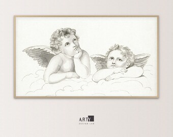 Samsung Frame TV Art | Two Putti Thinking on a Cloud Vintage Black and White Drawing | 4K TV, Screen Background Art