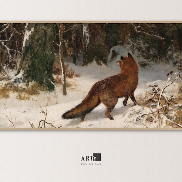 Samsung Frame TV Art | Fox in a Forest, Winter Landscape, Winterscape Vintage Painting | 4K TV, Screen Background Art