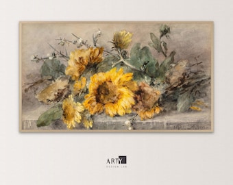Samsung Frame TV Art | Spray of Sunflowers, Floral Still Life, Vintage Painting | 4K TV, Screen Background Art