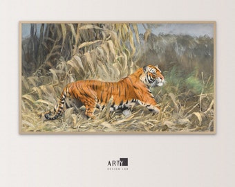 Samsung Frame TV Art | African Safari Tiger Portrait in Corn Field, Wildlife Landscape Vintage Oil Painting | 4K TV, Screen Background Art