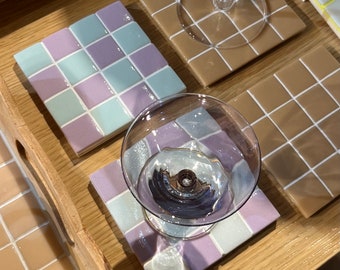 Tiled coaster - Blue and lilac checkerboard
