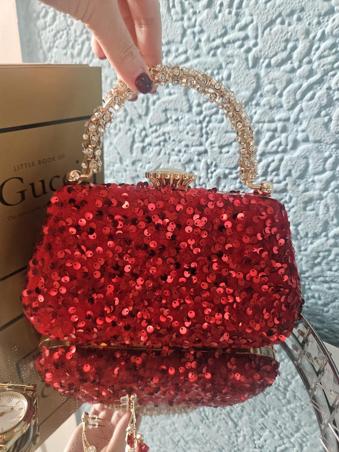 Red Velvet Sequin Clutch Bag With Gold Detail - Sparkly Evening Purse ...