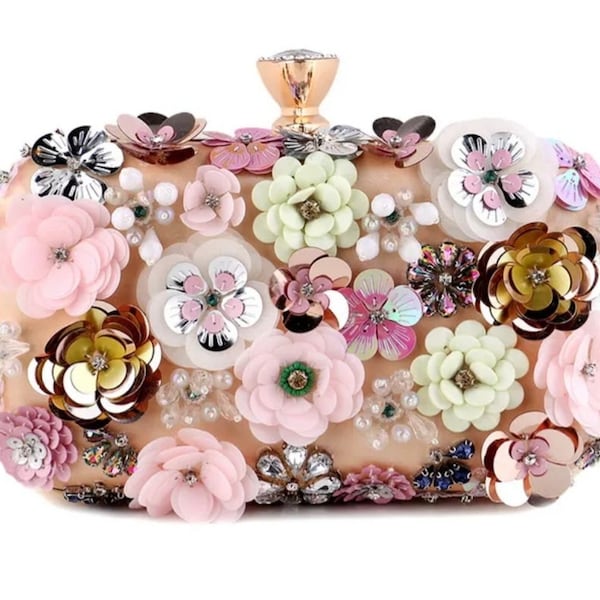 Elegant 3D Floral Clutch Bag - Handmade Evening Purse for Special Occasions in Various Colours