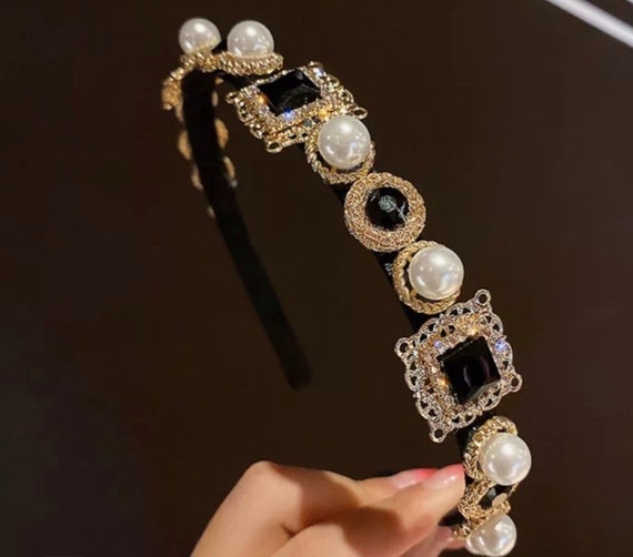 Elegant Black & Gold Pearl Headband for Weddings, Proms, and  display picture 1