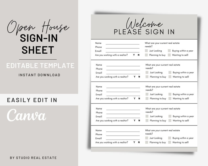Editable Open House Signin Sheet, Sign in Sheet Real Estate Editable