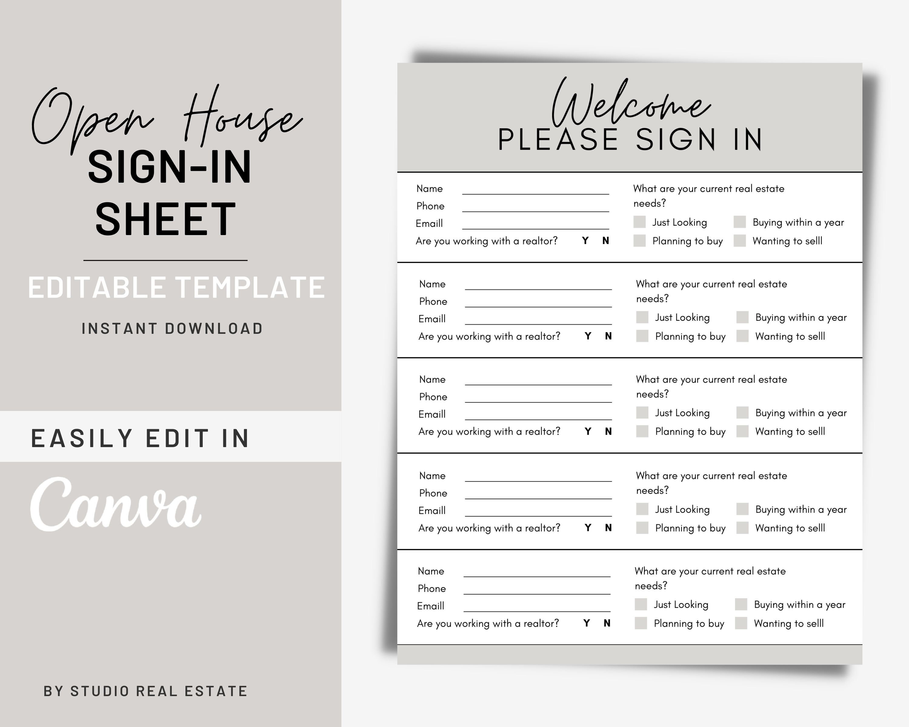 Editable Open House Sign-in Sheet, Sign in Sheet Real Estate Editable ...