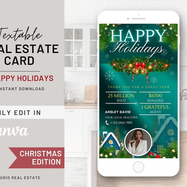 Christmas Textable Card, Holiday Text Real Estate, Real Estate Agent Marketing, Happy Holidays Card Merry Christmas Text Canva Template