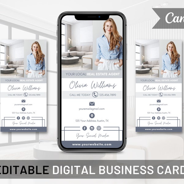 Digital Business Card Canva Template, Real Estate Business Card, Real Estate Marketing, Modern Business Card, Gold Textable Card Text Card