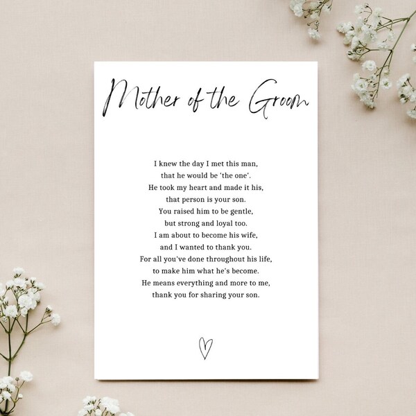 DIGITAL DOWNLOAD Mother of the Groom Wedding Day Poem Gift, Mother In Law Gift