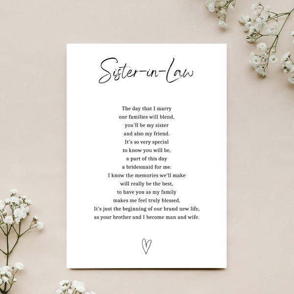 DIGITAL DOWNLOAD Sister In Law Wedding Day Poem, Sister In Law Gift From Bride, Bridesmaid Maid of Honour Gifts