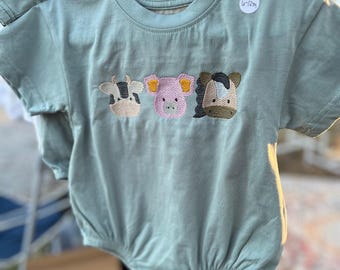 Farm Animal T-Shirt Bubble, embroidered pig, cow, horse, cotton romper