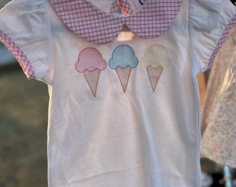Ice Cream Trio Shirt, embroidered, pink gingham Peter Pan collar, little girl summer shirt