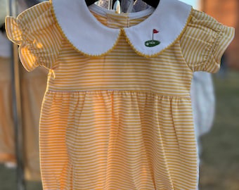 Hole in One Bubble, picot trim Peter Pan collar girls golf romper, embroidered