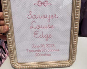 Embroidered Birth Announcement Wall Art, keepsake nursery decor