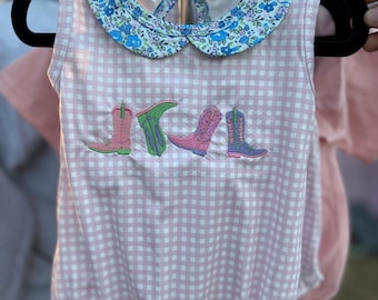 Cowgirl Boot Bubble, girls floral collar, pink gingham, romper