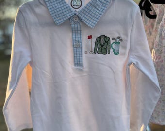 Long Sleeve Golf Polo, gingham collar, boys cotton shirt