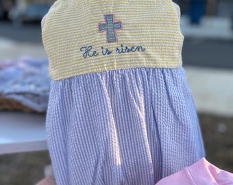 He is Risen Seersucker Bubble, Easter, Resurrection Sunday, embroidered unisex outfit