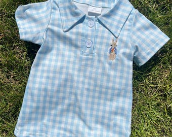 Peter Rabbit Polo, springtime, Easter outfit, blue plaid boy shirt