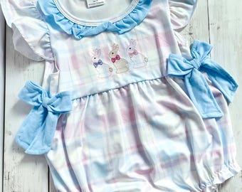 Bunny Trio Bubble, Plaid Easter outfit, baby & toddler girl, springtime romper