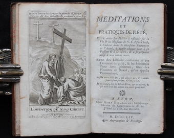 Libro devocional francés antiguo de 1754: Meditaciones sobre Jesucristo, encuadernado en cuero