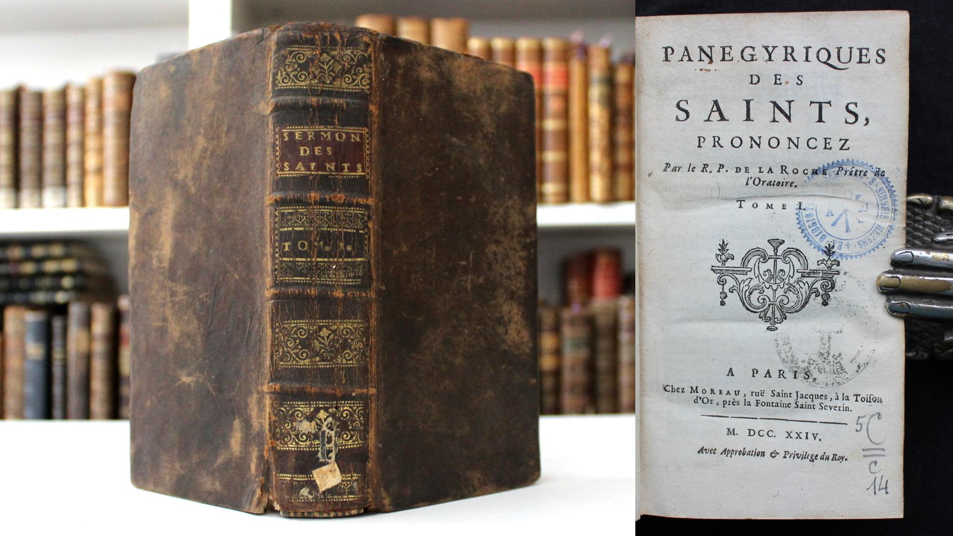 アンティークのフランス製革装丁本：1700年代初頭のキリスト教テキスト