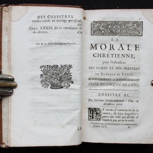 1730 Antique French Christian Morality Book: Leather Bound