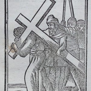 Puede incluir: Grabado en blanco y negro que representa una escena religiosa. Varias figuras llevan una gran cruz. El texto en la parte superior dice "DOUZIEME STATION." y en la inferior, "L'endroit où N. S. tomba..."