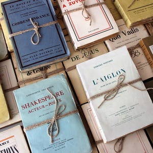 Puede incluir: Una colecci&oacute;n de libros antiguos de tapa dura con cuerda marr&oacute;n atada alrededor. Los libros tienen t&iacute;tulos en franc&eacute;s, incluyendo "Le Roseau", "Correspondance", "L'Aiglon" y "Le Bois de Temps Perdu".