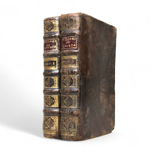 Op de afbeelding: Twee antieke, ledergebonden boeken met gouden details. De ruggen hebben gouden letters en decoratieve patronen. De titels zijn in rood en goud. De boeken zijn donkerbruin en zien er oud uit, wat suggereert dat ze vintage of historisch zijn.