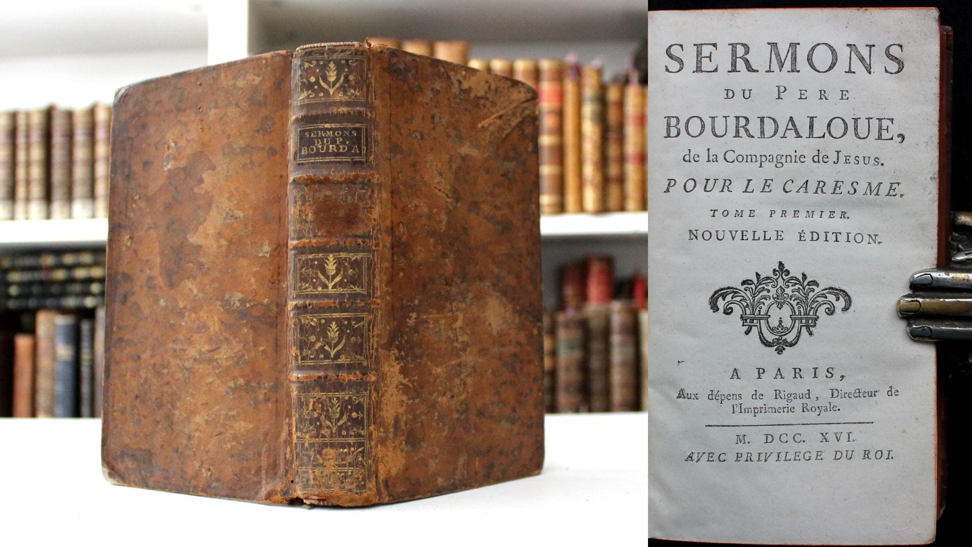 アンティークのフランス製革装丁本：1700年代初頭のキリスト教テキスト