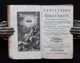 Libro antiguo de cuero de 1781: La imitación de Cristo, ilustrado