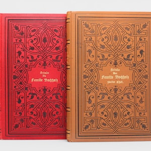Puede incluir: Dos libros antiguos con cubiertas ornamentadas. Uno es rojo, el otro es marrón claro. Ambos presentan intrincados diseños en negro y el título "Sünde der Familie Buchholz" en un cartucho central. Los libros probablemente son de la misma colección.