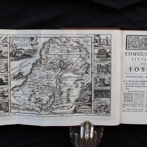 1738 Antike Bibel - Die Bücher Josua, Richter, Rut, und 1.Samuel - Text in Lateinisch und Französisch - Ausklappbare Karte des Heiligen Landes - Leder