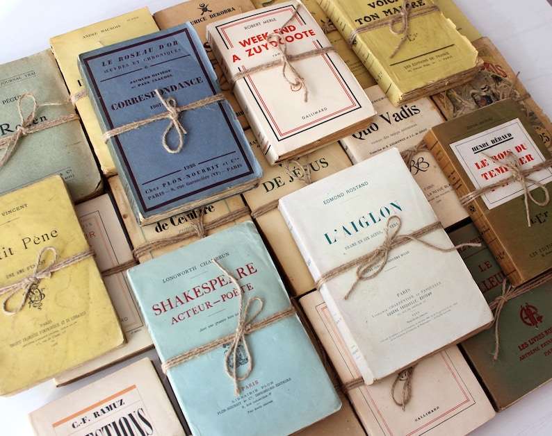 Puede incluir: Una colecci&oacute;n de libros antiguos, algunos con t&iacute;tulos franceses, est&aacute;n atados con cuerda y apilados sobre una superficie blanca. Los libros tienen varios colores, incluyendo amarillo, azul, blanco y marr&oacute;n.