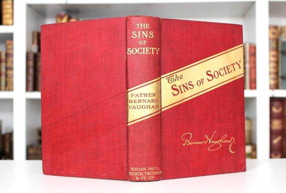 1909年発行の希少な英語書籍『社会の罪』、オリジナルの赤い布装丁
